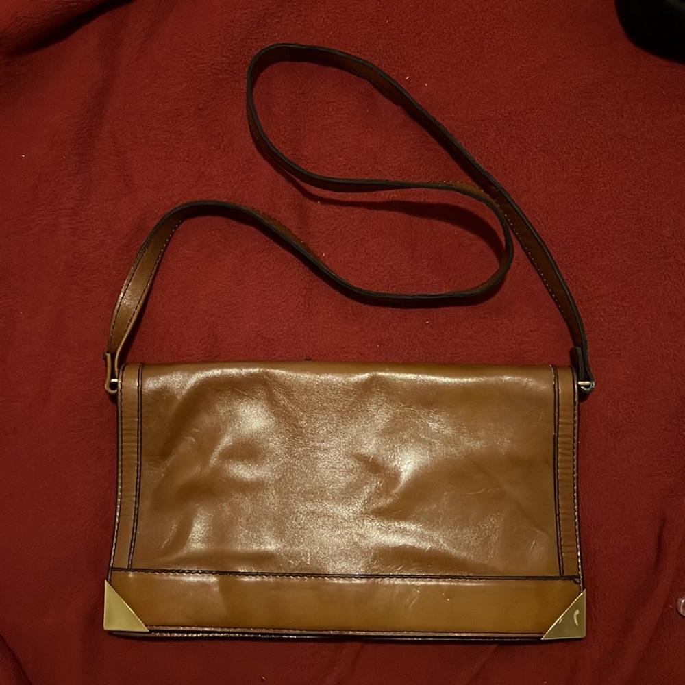 VINTAGE brown Leather with gold hardware handbag.